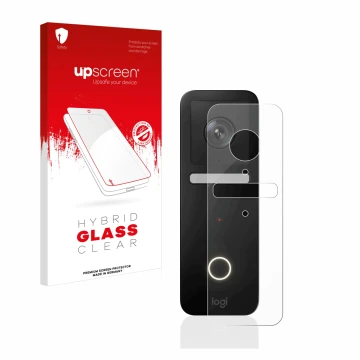 Front side of a product packaging with the brand logo upscreen. Next to it is the device Logitech Circle View Doorbell shown w