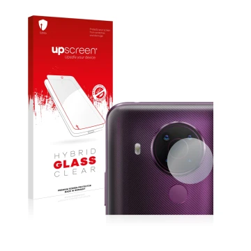 Front side of a product packaging with the brand logo upscreen. Next to it is the device Nokia 5.4 (ONLY Camera Lens) shown wi