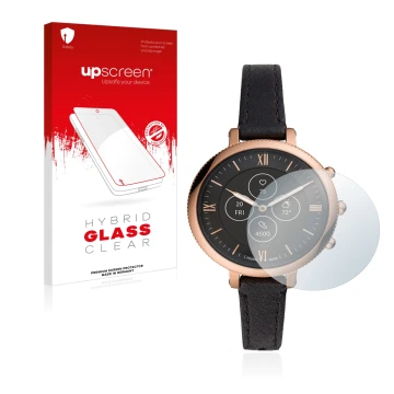 Front side of a product packaging with the brand logo upscreen. Next to it is the device Fossil Monroe Hybrid HR shown with th