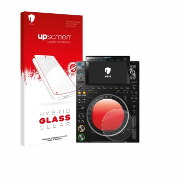 Front side of a product packaging with the brand logo upscreen. Next to it is the device Pioneer CDJ 3000 (circle) shown with 