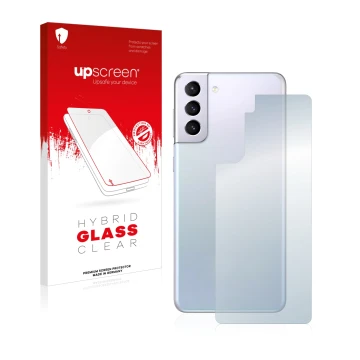 Front side of a product packaging with the brand logo upscreen. Next to it is the device Samsung Galaxy S21 Plus 5G (Back) sho