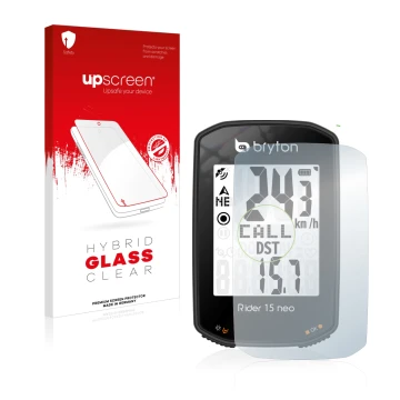 Front side of a product packaging with the brand logo upscreen. Next to it is the device Bryton Rider 15 neo shown with the co