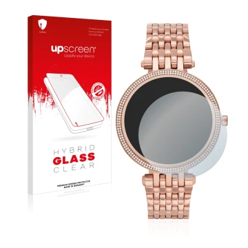 Front side of a product packaging with the brand logo upscreen. Next to it is the device Michael Kors Access Darci Gen 5E show