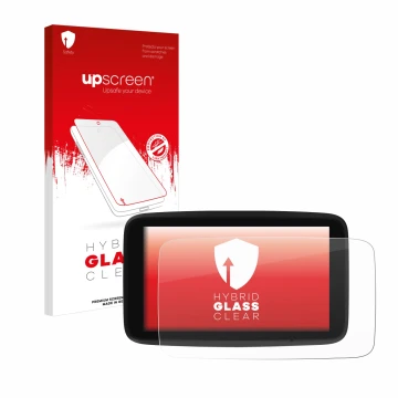 Front side of a product packaging with the brand logo upscreen. Next to it is the device TomTom GO Discover 7
