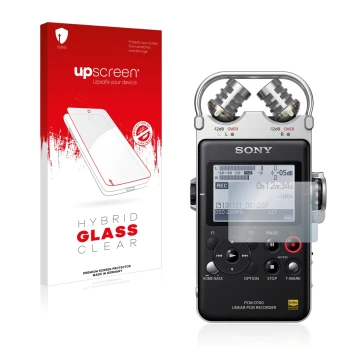 Front side of a product packaging with the brand logo upscreen. Next to it is the device Sony PCM D100 shown with the correspo