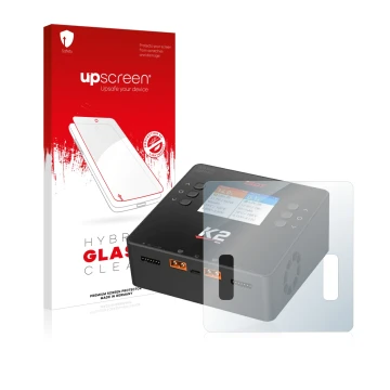 Front side of a product packaging with the brand logo upscreen. Next to it is the device ISDT Smart Duo Charger K2 shown with 