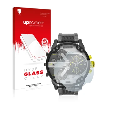 Front side of a product packaging with the brand logo upscreen. Next to it is the device Diesel DZ7422 Mr. Daddy 2.0 shown wit