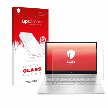Front side of a product packaging with the brand logo upscreen. Next to it is the device HP Envy 17-cX shown with the correspo