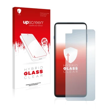 Front side of a product packaging with the brand logo upscreen. Next to it is the device Motorola G100 shown with the correspo