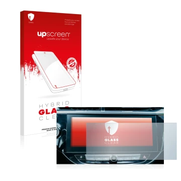 Front side of a product packaging with the brand logo upscreen. Next to it is the device Opel Corsa-e 2020 Infotainment System