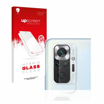 Front side of a product packaging with the brand logo upscreen. Next to it is the device Xiaomi Redmi Note 10 Pro (ONLY Camera