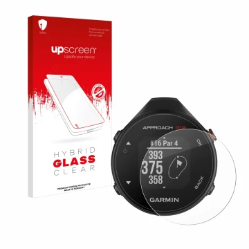 Front side of a product packaging with the brand logo upscreen. Next to it is the device Garmin Approach G12 shown with the co