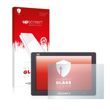 Front side of a product packaging with the brand logo upscreen. Next to it is the device Feelworld FW279 7