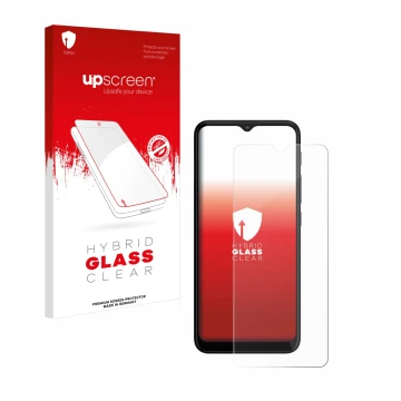 Front side of a product packaging with the brand logo upscreen. Next to it is the device Motorola Moto G20 shown with the corr