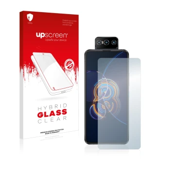 Front side of a product packaging with the brand logo upscreen. Next to it is the device ASUS ZenFone 8 Flip shown with the co
