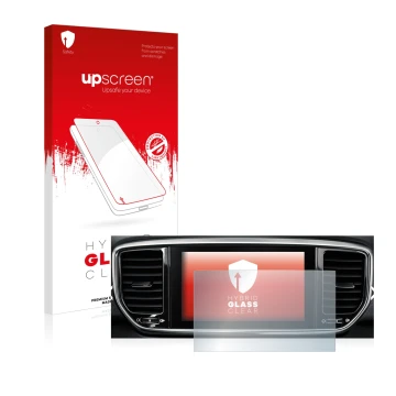Front side of a product packaging with the brand logo upscreen. Next to it is the device Kia Sportage QLPE 2020 Infotainment S