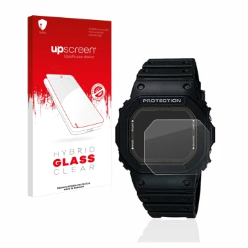 Front side of a product packaging with the brand logo upscreen. Next to it is the device Casio G-Shock GW-5000-1JF shown with 