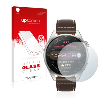 Front side of a product packaging with the brand logo upscreen. Next to it is the device Huawei Watch 3 Pro shown with the cor