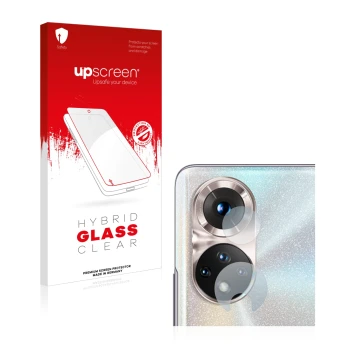 Front side of a product packaging with the brand logo upscreen. Next to it is the device Honor 50 (ONLY Camera Lens) shown wit