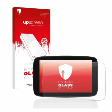 Front side of a product packaging with the brand logo upscreen. Next to it is the device TomTom Go Expert 7