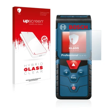 Front side of a product packaging with the brand logo upscreen. Next to it is the device Bosch GLM 40 Professional shown with 