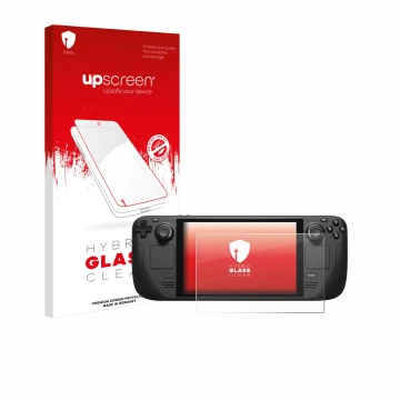 Front side of a product packaging with the brand logo upscreen. Next to it is the device Valve Steam Deck shown with the corre