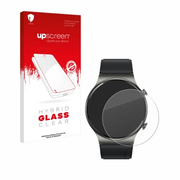 Front side of a product packaging with the brand logo upscreen. Next to it is the device Huawei Watch GT 2 Pro ECG shown with 
