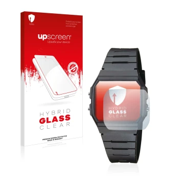 Front side of a product packaging with the brand logo upscreen. Next to it is the device Casio Collection Unisex F-91W shown w