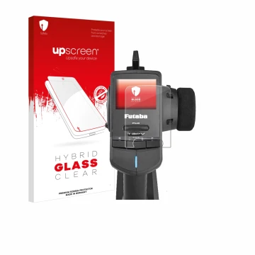 Front side of a product packaging with the brand logo upscreen. Next to it is the device Futaba T3PV shown with the correspond