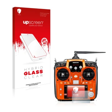Front side of a product packaging with the brand logo upscreen. Next to it is the device RadioLink AT10II shown with the corre
