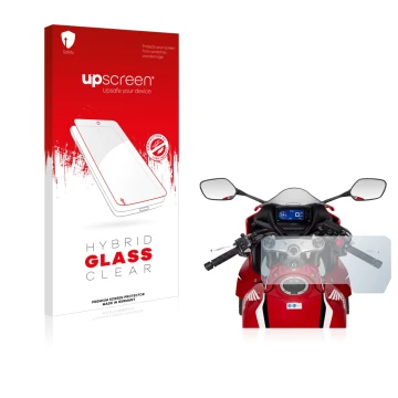 Front side of a product packaging with the brand logo upscreen. Next to it is the device Honda CBR650R 2019-2021 shown with th