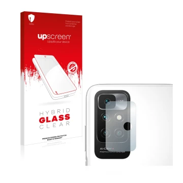 Front side of a product packaging with the brand logo upscreen. Next to it is the device Xiaomi Redmi 10 (ONLY Camera Lens) sh