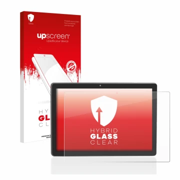 Front side of a product packaging with the brand logo upscreen. Next to it is the device Majestic Tab-912 4G shown with the co