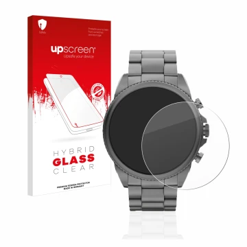Front side of a product packaging with the brand logo upscreen. Next to it is the device Fossil Gen 6 (44mm) shown with the co