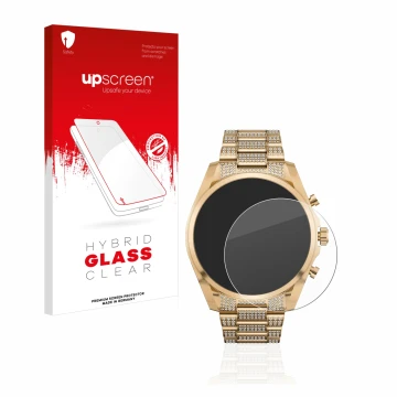Front side of a product packaging with the brand logo upscreen. Next to it is the device Michael Kors Access Gen 6 Bradshaw sh