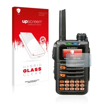 Front side of a product packaging with the brand logo upscreen. Next to it is the device Yaesu FT-70DR shown with the correspo