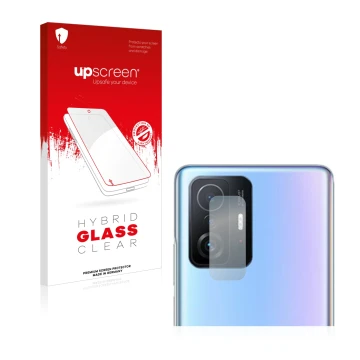 Front side of a product packaging with the brand logo upscreen. Next to it is the device Xiaomi 11T Pro (ONLY Camera Lens) sho