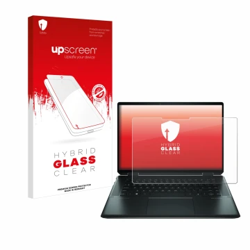 Front side of a product packaging with the brand logo upscreen. Next to it is the device HP Spectre x360 16