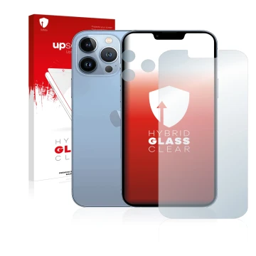 Front side of a product packaging with the brand logo upscreen. Next to it is the device Apple iPhone 13 Pro Max (Front+Camera