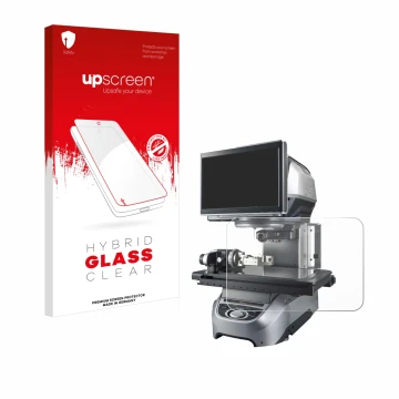 Front side of a product packaging with the brand logo upscreen. Next to it is the device Keyence IM-8030 Glass plate shown wit