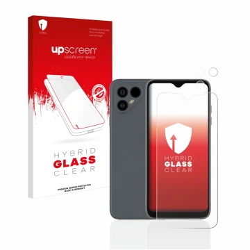 Front side of a product packaging with the brand logo upscreen. Next to it is the device Fairphone 4 (Front+Camera) shown with