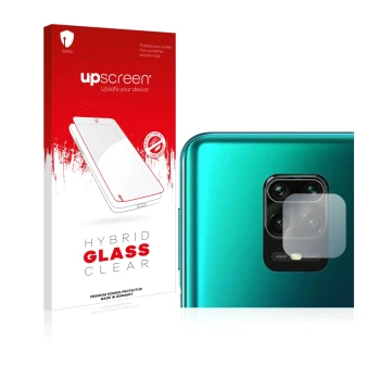 Front side of a product packaging with the brand logo upscreen. Next to it is the device Xiaomi Redmi Note 10 Lite (ONLY Camer