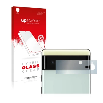 Front side of a product packaging with the brand logo upscreen. Next to it is the device Google Pixel 6 (ONLY Camera Lens) sho