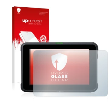 Front side of a product packaging with the brand logo upscreen. Next to it is the device Atomos Shinobi 7 shown with the corre