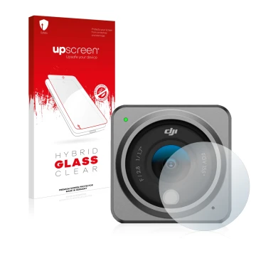 Front side of a product packaging with the brand logo upscreen. Next to it is the device DJI Action 2 Lens (housing) shown wit