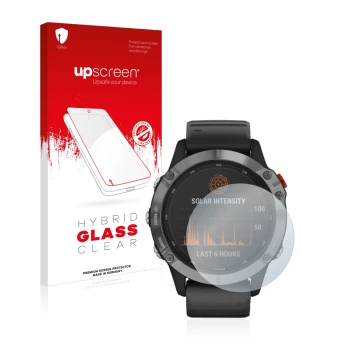 Front side of a product packaging with the brand logo upscreen. Next to it is the device Garmin Fenix 6 Solar shown with the c