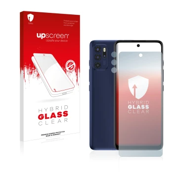 Front side of a product packaging with the brand logo upscreen. Next to it is the device Motorola Moto G60S (Front+Camera) sho