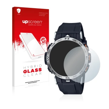 Front side of a product packaging with the brand logo upscreen. Next to it is the device Casio Pro Trek PRW-30-1AER shown with