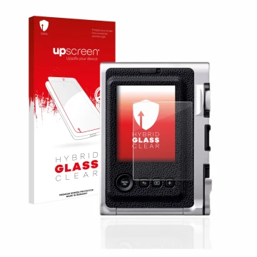 Front side of a product packaging with the brand logo upscreen. Next to it is the device Fujifilm Instax Mini Evo shown with t