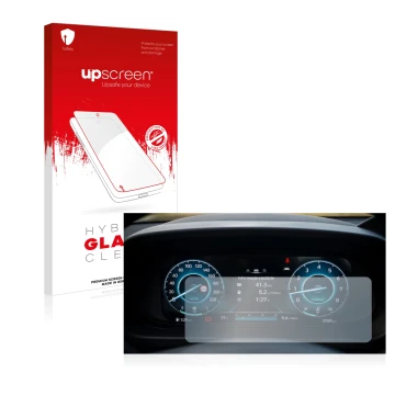 Front side of a product packaging with the brand logo upscreen. Next to it is the device Hyundai i20 BC3 2021 Cockpit shown wi